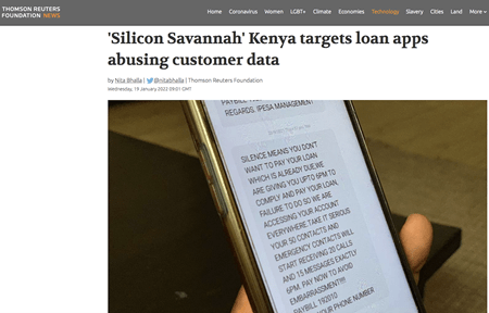 一份报纸的标题是肯尼亚的移动贷款应用如何骚扰不还款的客户，还有一张智能手机收到短信的照片，威胁客户如果不还款就联系他们的家人和朋友。